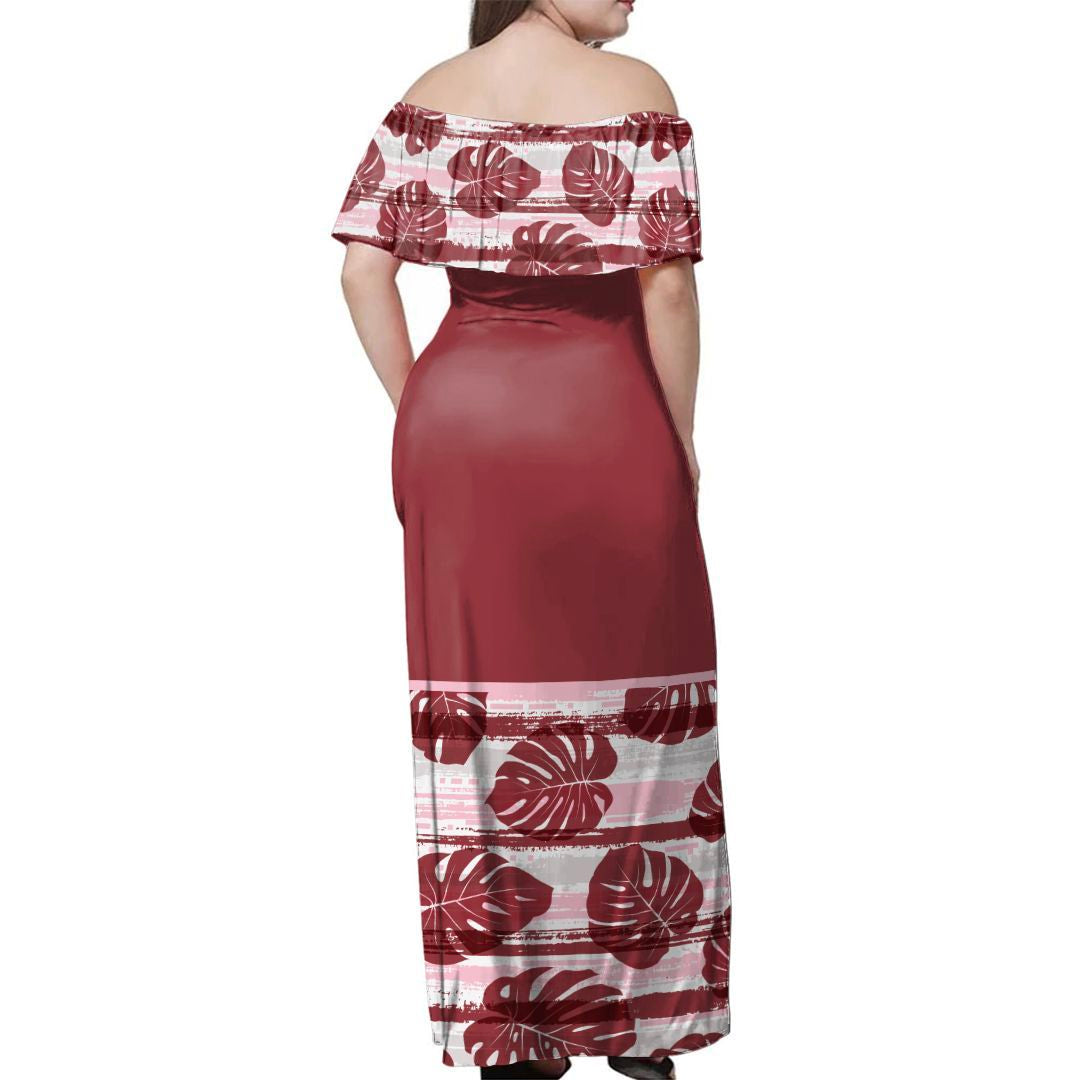 Polynesian Pride Dress - Pink Monstera Off Shoulder Long Dress