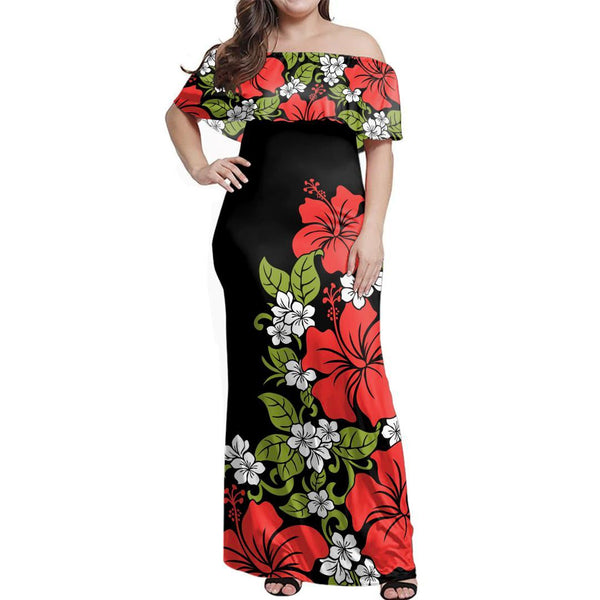 Polynesian Pride Dress - Oldie Hibiscus Off Shoulder Long Dress