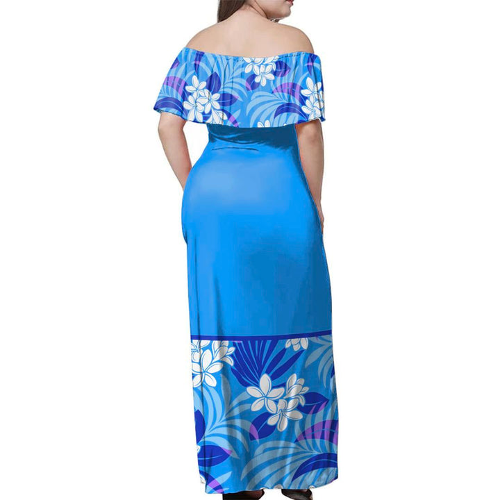 Polynesian Pride Dress - Plumeria Blue Off Shoulder Long Dress