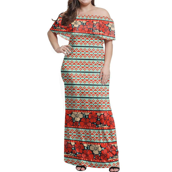 Polynesian Pride Dress - Reddie Hibiscus Lines Off Shoulder Long Dress