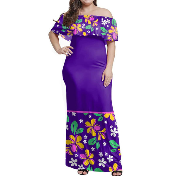 Polynesian Pride Dress - Purple Plumeria Off Shoulder Long Dress