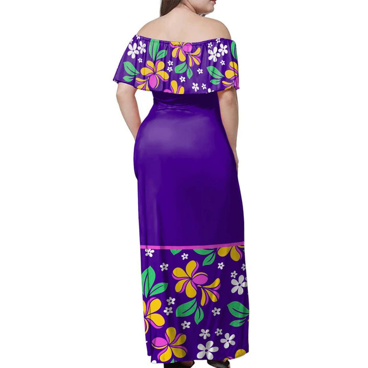 Polynesian Pride Dress - Purple Plumeria Off Shoulder Long Dress
