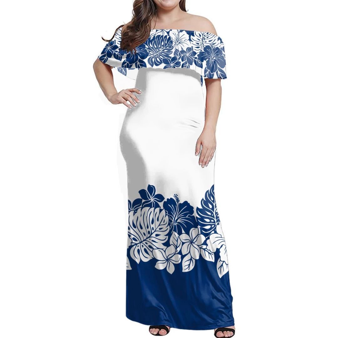 Polynesian Pride Dress - Tropical Blue Line Off Shoulder Long Dress