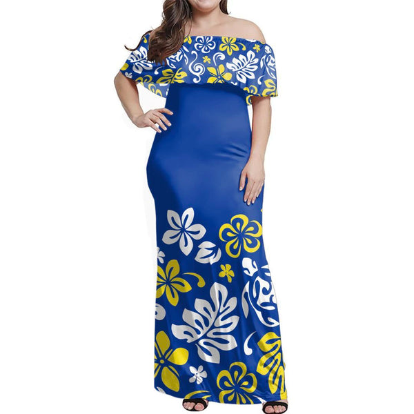 Polynesian Pride Dress - Traditional Blue Off Shoulder Long Dress