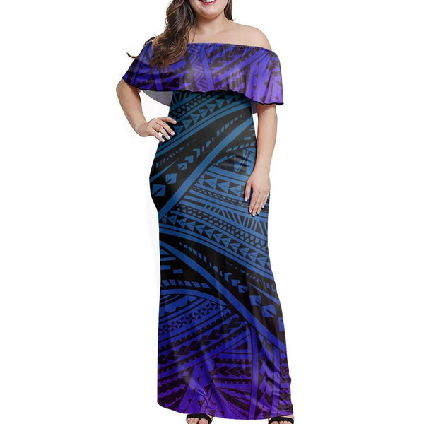 Polynesian Pride Dress - Polynesian Tattoo Blue Purple Off Shoulder Long Dress