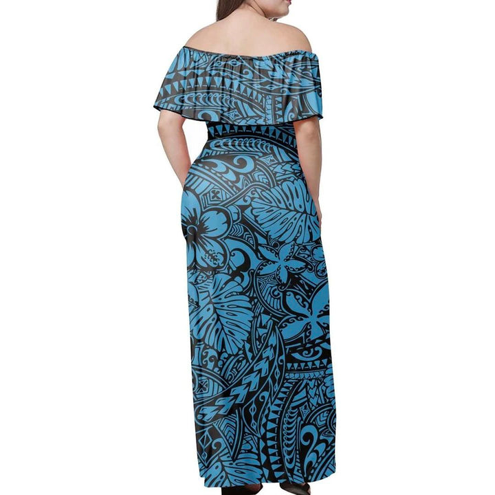 Polynesian Pride Dress - Polynesian Tropical Blue Off Shoulder Long Dress