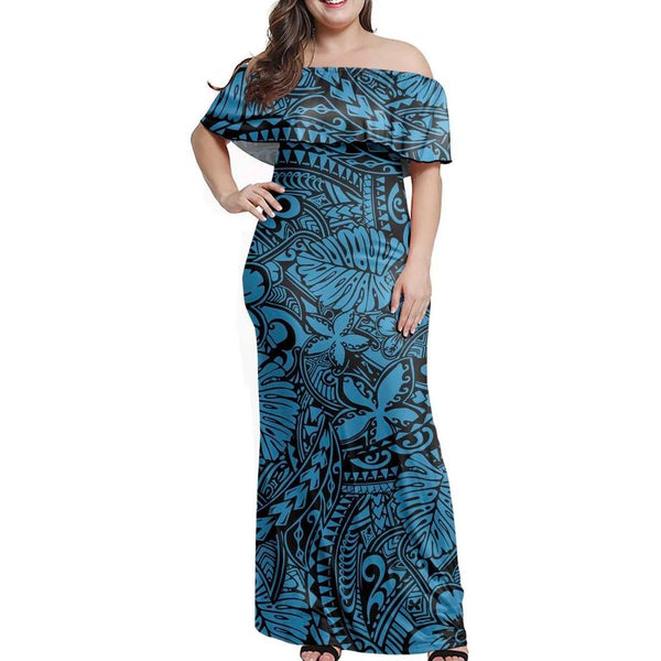 Polynesian Pride Dress - Polynesian Tropical Blue Off Shoulder Long Dress