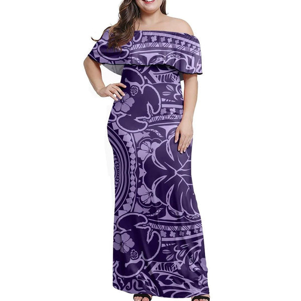 Polynesian Pride Dress - Polynesian Turtle Tropical Hibiscus Off Shoulder Long Dress