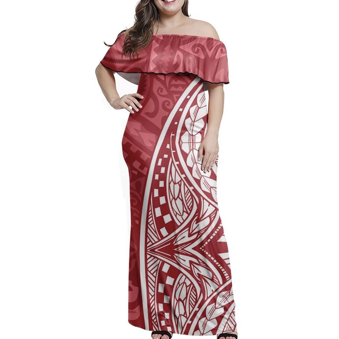 Polynesian Pride Dress - Polynesian Red Curve Off Shoulder Long Dress