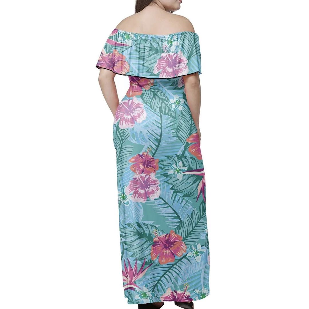 Polynesian Pride Dress - Tropical Hibiscus Blue Off Shoulder Long Dress