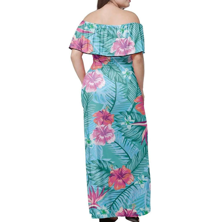 Polynesian Pride Dress - Tropical Hibiscus Blue Off Shoulder Long Dress