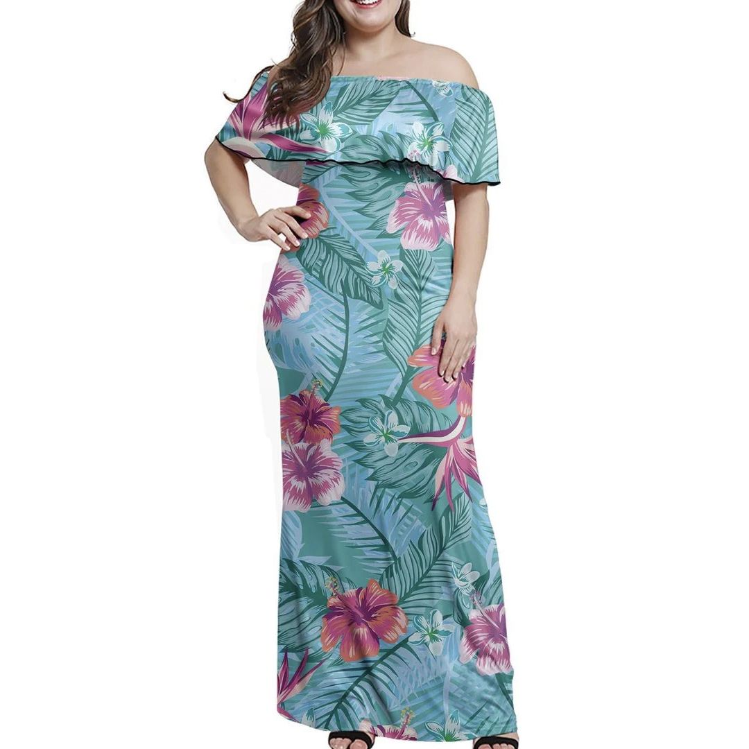 Polynesian Pride Dress - Tropical Hibiscus Blue Off Shoulder Long Dress