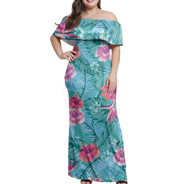 Polynesian Pride Dress - Tropical Hibiscus Blue Off Shoulder Long Dress