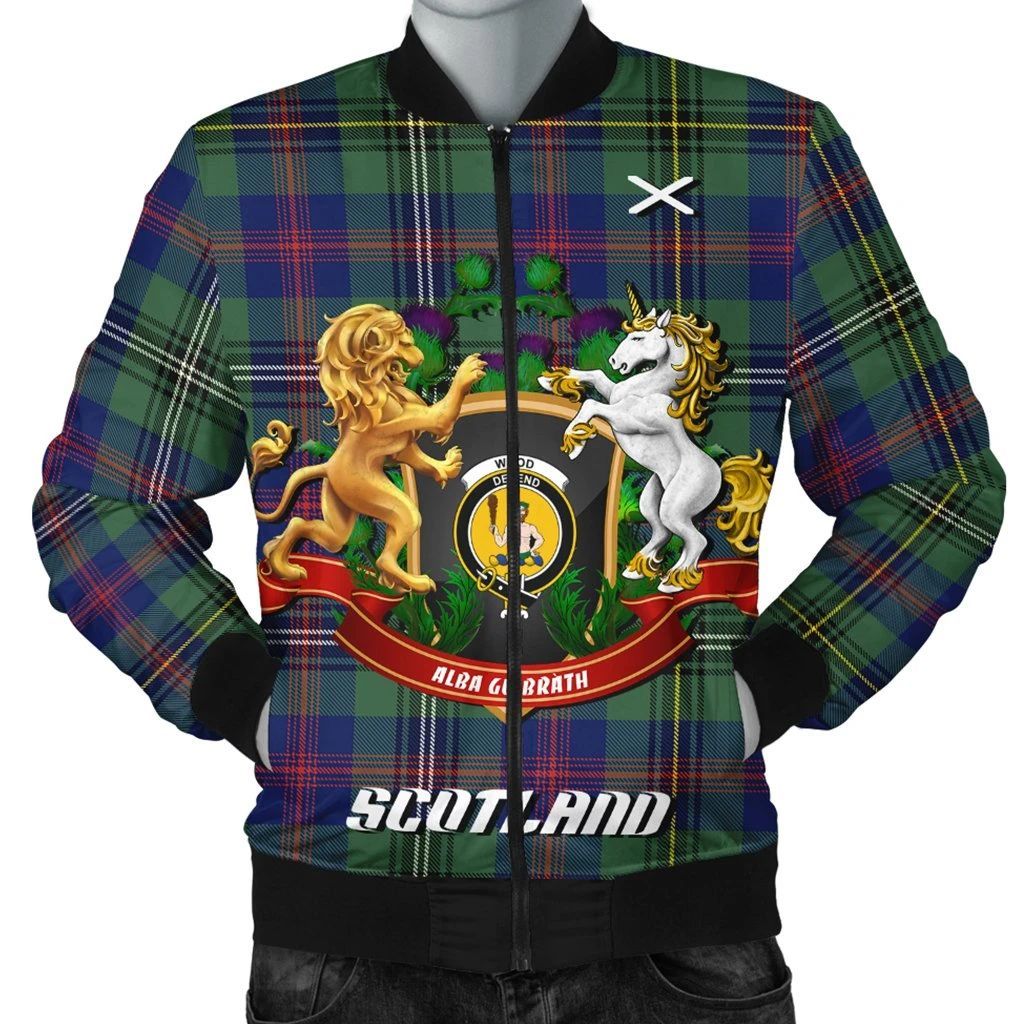 Wood Modern Tartan Bomber Jacket Lion Unicorn Thistle Style