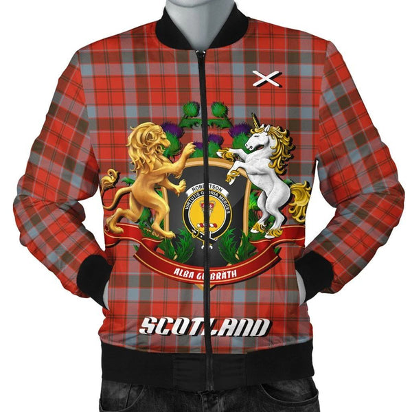 Robertson Weathered Tartan Bomber Jacket Lion Unicorn Thistle Style