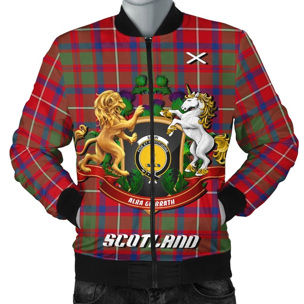 Shaw Red Modern Tartan Bomber Jacket Lion Unicorn Thistle Style