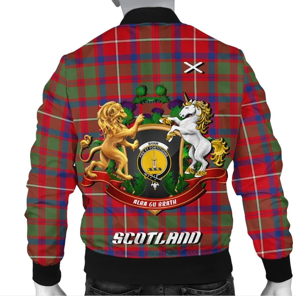 Shaw Red Modern Tartan Bomber Jacket Lion Unicorn Thistle Style