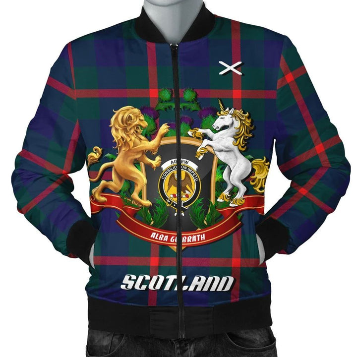 Agnew Modern Tartan Bomber Jacket Lion Unicorn Thistle Style