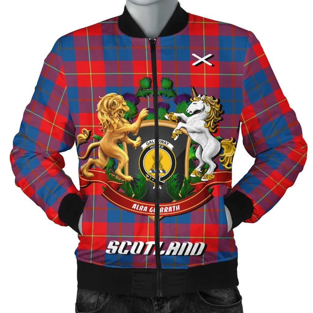 Galloway Red Tartan Bomber Jacket Lion Unicorn Thistle Style