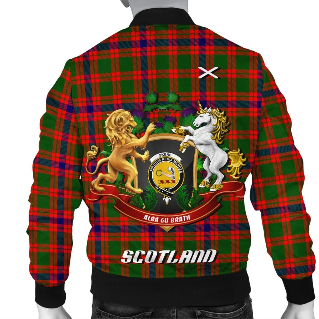 Skene Modern Tartan Bomber Jacket Lion Unicorn Thistle Style