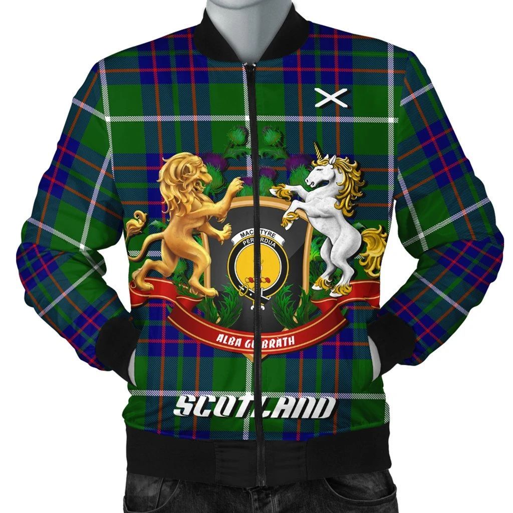 MacIntyre Hunting Modern Tartan Bomber Jacket Lion Unicorn Thistle Style