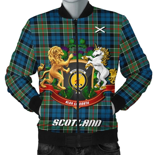 Colquhoun Ancient Tartan Bomber Jacket Lion Unicorn Thistle Style