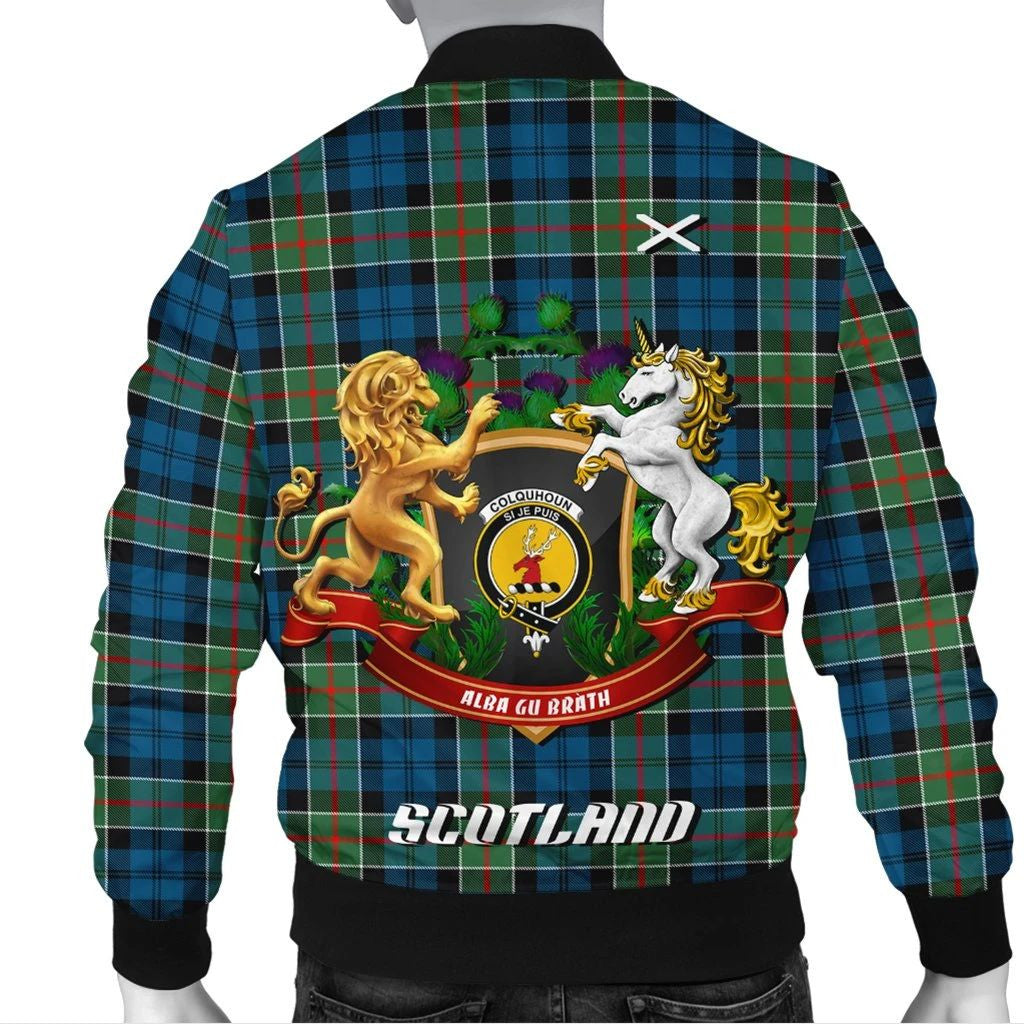 Colquhoun Ancient Tartan Bomber Jacket Lion Unicorn Thistle Style