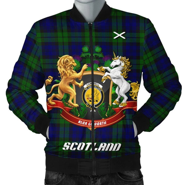 Campbell Modern Tartan Bomber Jacket Lion Unicorn Thistle Style