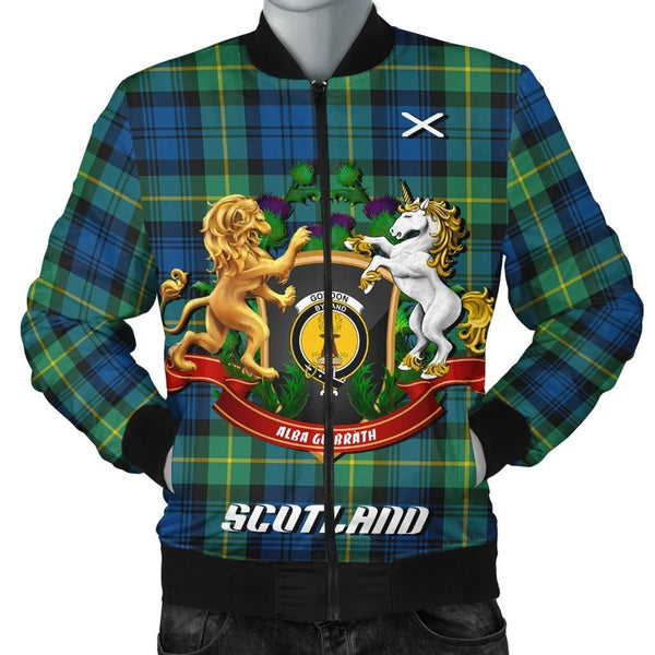 Gordon Ancient Tartan Bomber Jacket Lion Unicorn Thistle Style