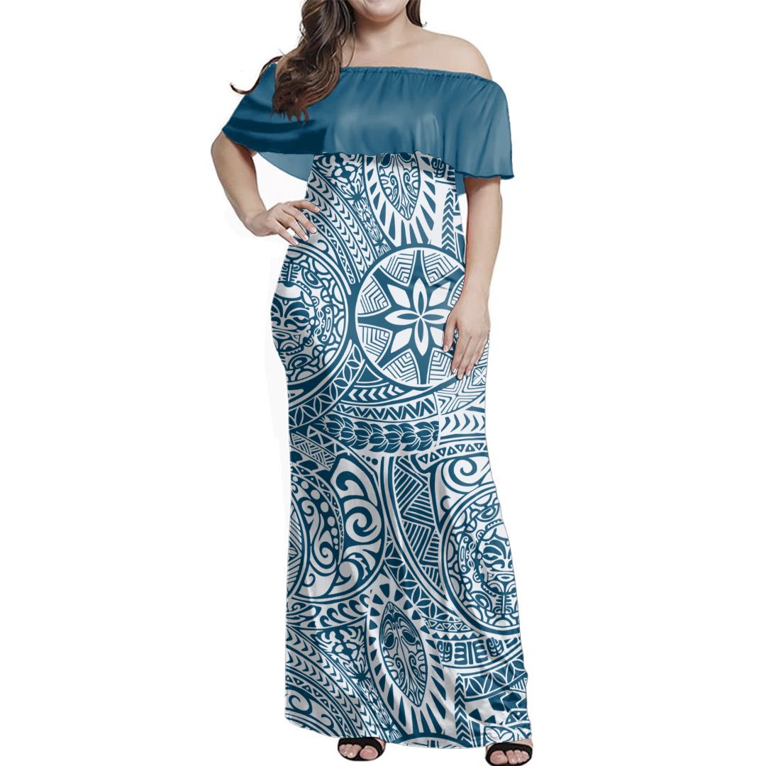 Polynesian Pride Dress - Polynesian Face Tribal Blue Off Shoulder Long Dress