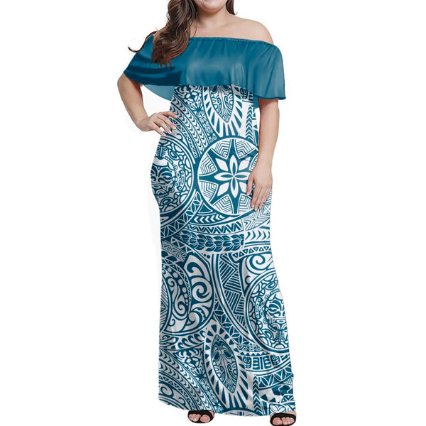 Polynesian Pride Dress - Polynesian Face Tribal Blue Off Shoulder Long Dress