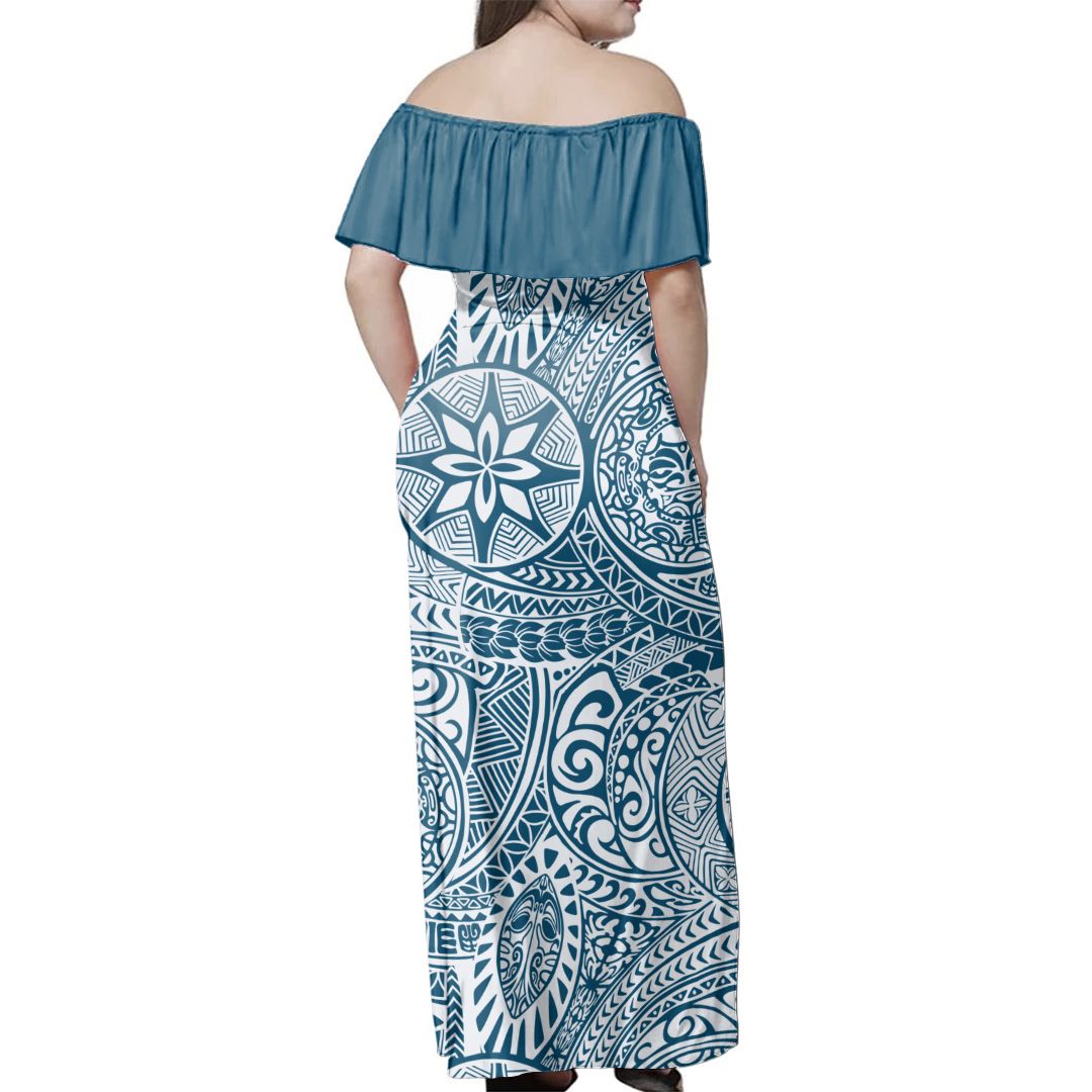 Polynesian Pride Dress - Polynesian Face Tribal Blue Off Shoulder Long Dress