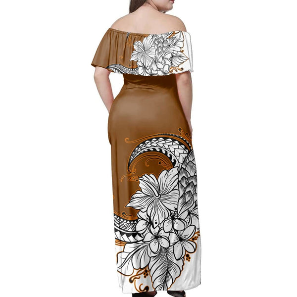 Polynesian Pride Dress - Hibiscus Plumeria Polynesian Brown Off Shoulder Long Dress