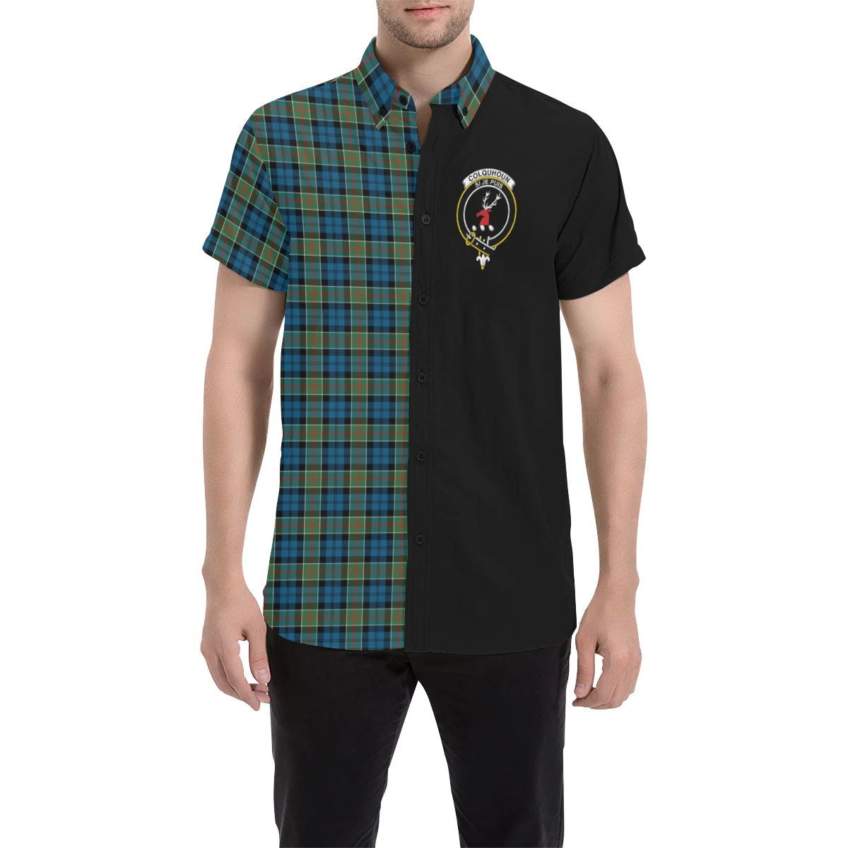 Colquhoun Ancient Clan Short Sleeves Shirt, Scottish Tartan Colquhoun Ancient Clans Short Sleeves Shirt Half Style