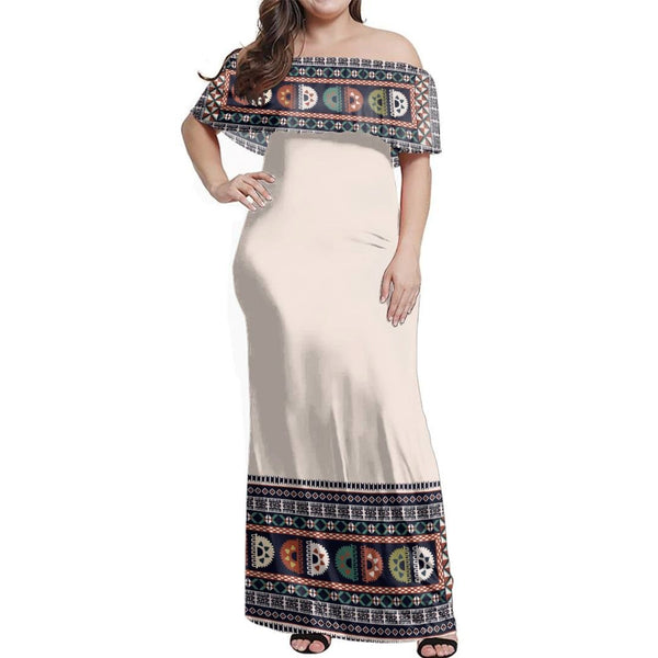 NE Fiji Bula Dress - Fiji Tapa Tribal  Beige Off Shoulder Long Dress