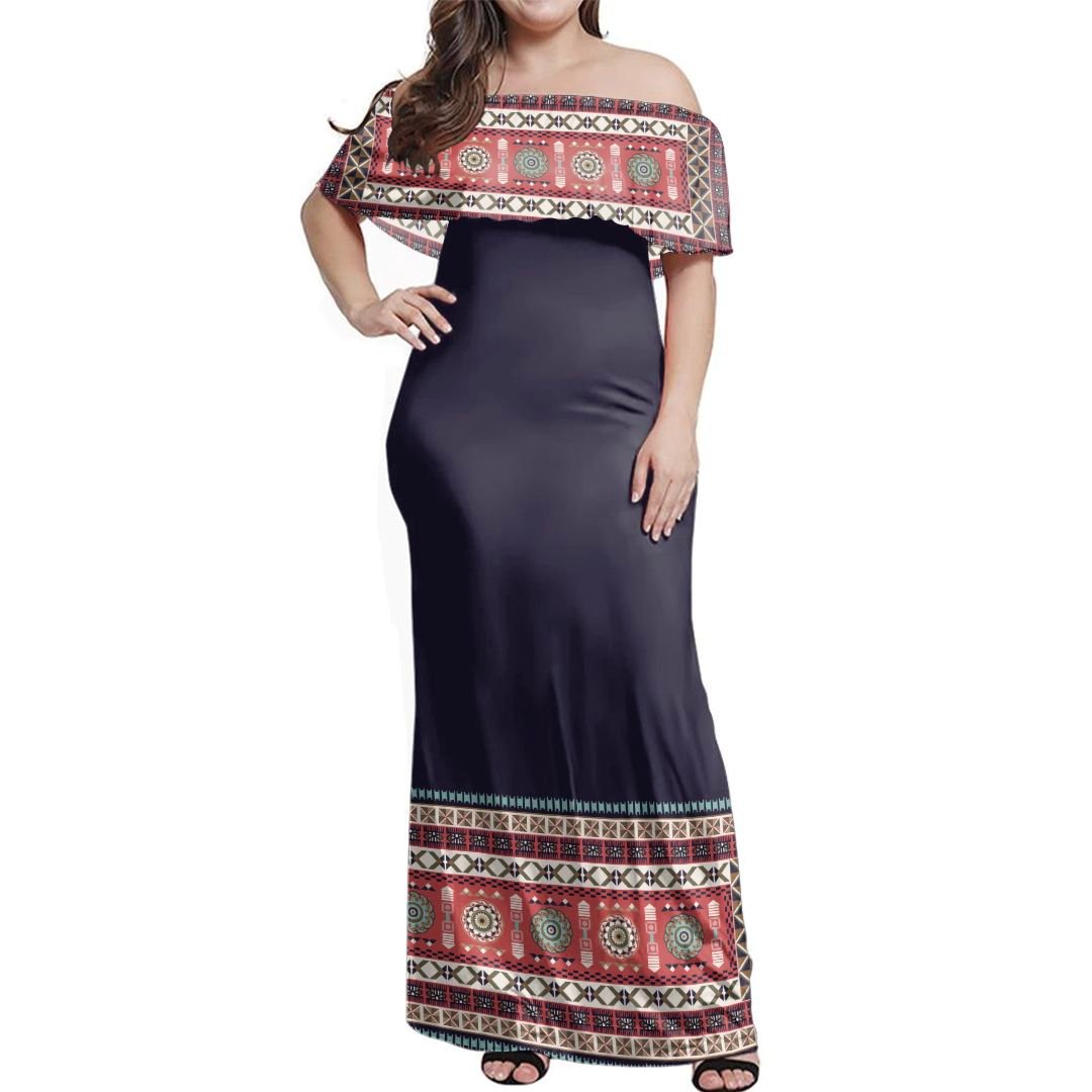 NE Fiji Bula Dress - Fiji Tapa Tribal  Blue Off Shoulder Long Dress