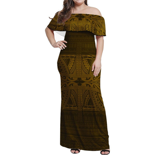 Polynesian Pride Dress - Tribal Mix Polynesian Culture Brown Off Shoulder Long Dress