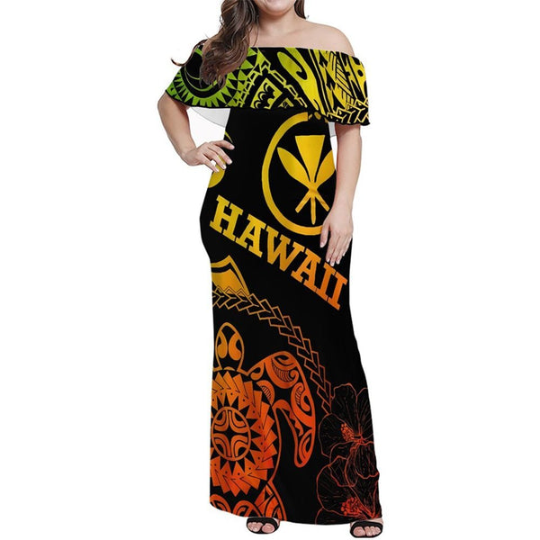 Polynesian Pride Dress - Hawaii Turtle Kanaka Reggae Off Shoulder Long Dress