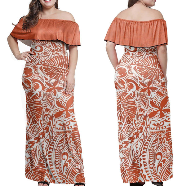 Polynesian Pride Dress - Plumeria Flower Pattern Polynesian White Off Shoulder Long Dress