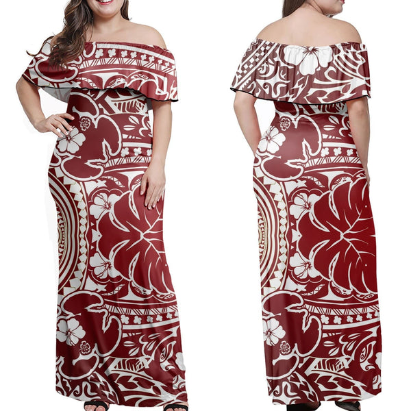 Polynesian Pride Dress - Hibiscus Turtle Pattern Red Off Shoulder Long Dress