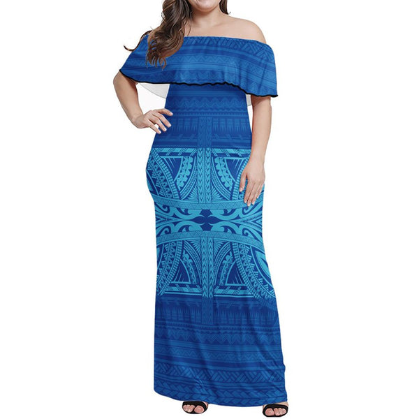 Polynesian Pride Dress - Tribal Mix Polynesian Culture Light Blue Off Shoulder Long Dress