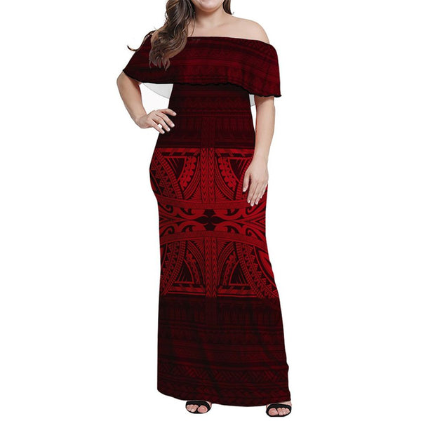 Polynesian Pride Dress - Tribal Polynesian Mix Red My Style Off Shoulder Long Dress