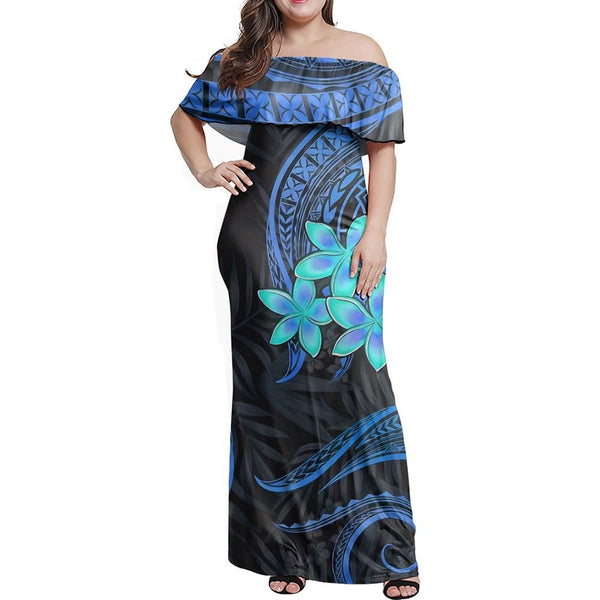 Polynesian Pride Dress - Samoa Siapo Coat Of Arms Blue Off Shoulder Long Dress