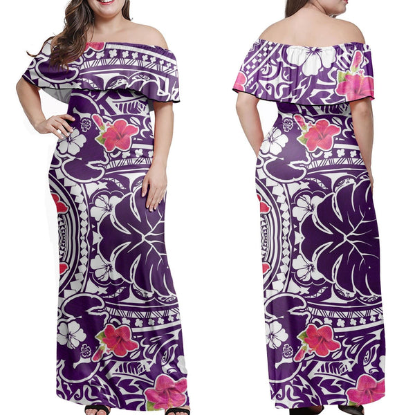 Polynesian Pride Dress - Hibiscus Turtle Pattern Purple Off Shoulder Long Dress