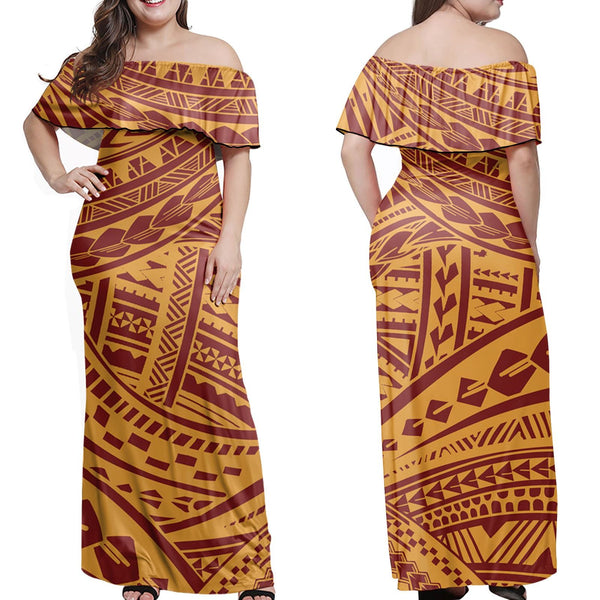 Polynesian Pride Dress - Tribal Polynesian Mix Orange My Style Off Shoulder Long Dress