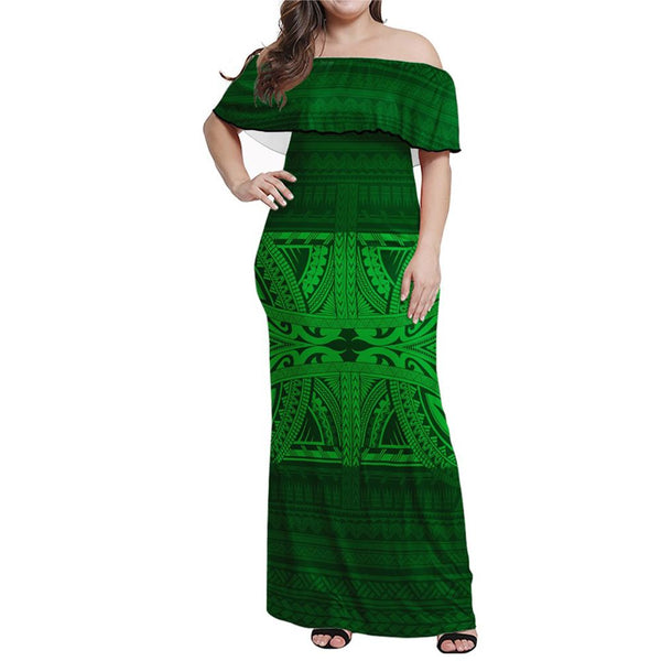 Polynesian Pride Dress - Tribal Mix Polynesian Culture Green Off Shoulder Long Dress