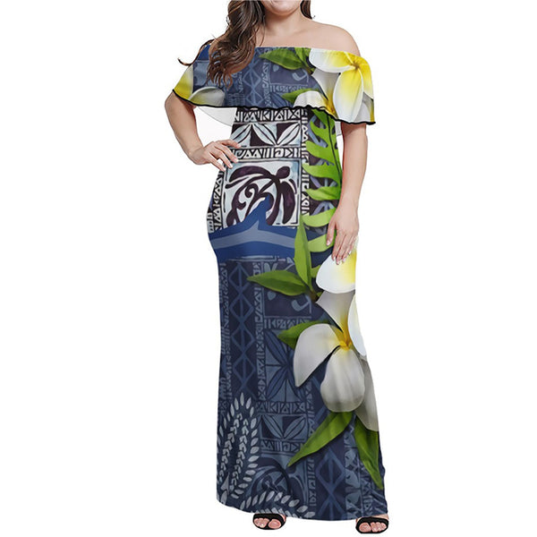 Polynesian Pride Dress - Tapa Turtle Plumeria Off Shoulder Long Dress