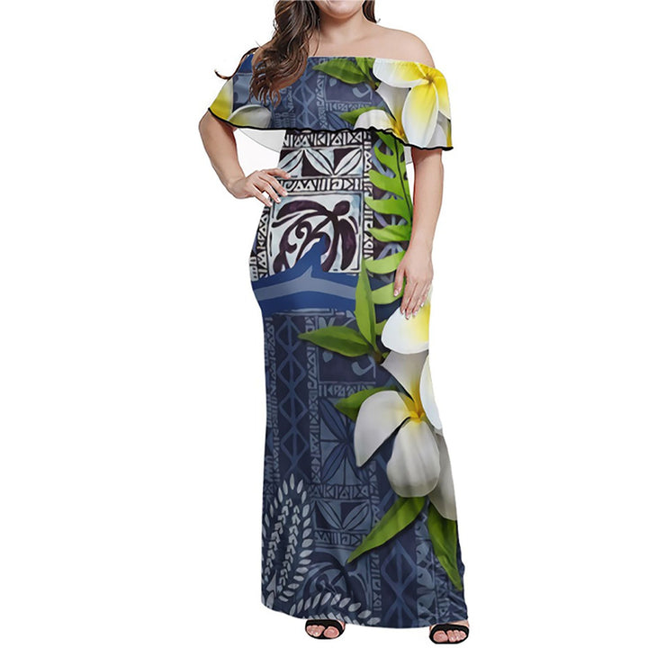 Polynesian Pride Dress - Tapa Turtle Plumeria Off Shoulder Long Dress