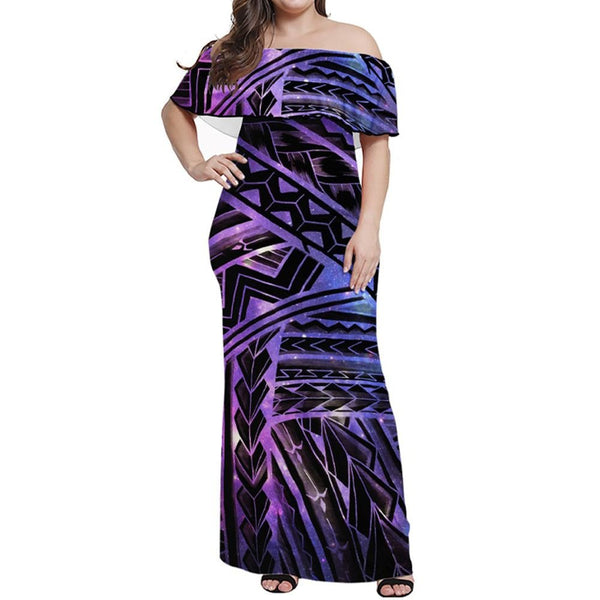 Polynesian Pride Dress - Polynesian Spearhead Purple Galaxy Off Shoulder Long Dress