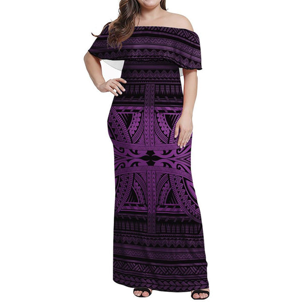 Polynesian Pride Dress - Tribal Mix Polynesian Culture Purple Off Shoulder Long Dress